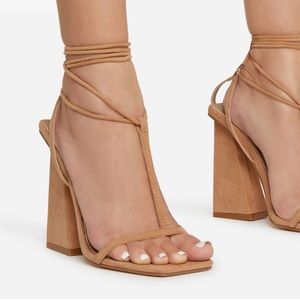 LATE-NIGHT LACE UP T-BAR STRAP SQUARE TOE BLOCK HEEL TAN BROWN FAUX SUEDE